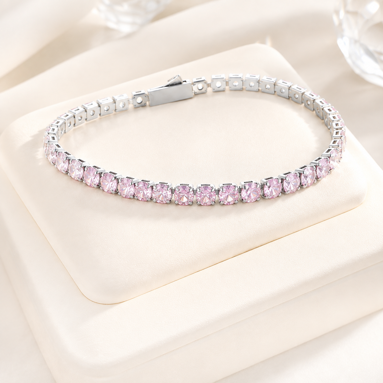 VEZZEN Gradient Iridescent CZ Tennis Bracelet for Women & Men, 4mm Titanium Steel Sparkly Bracelet, Pink/Blue Couple Jewelry Gift