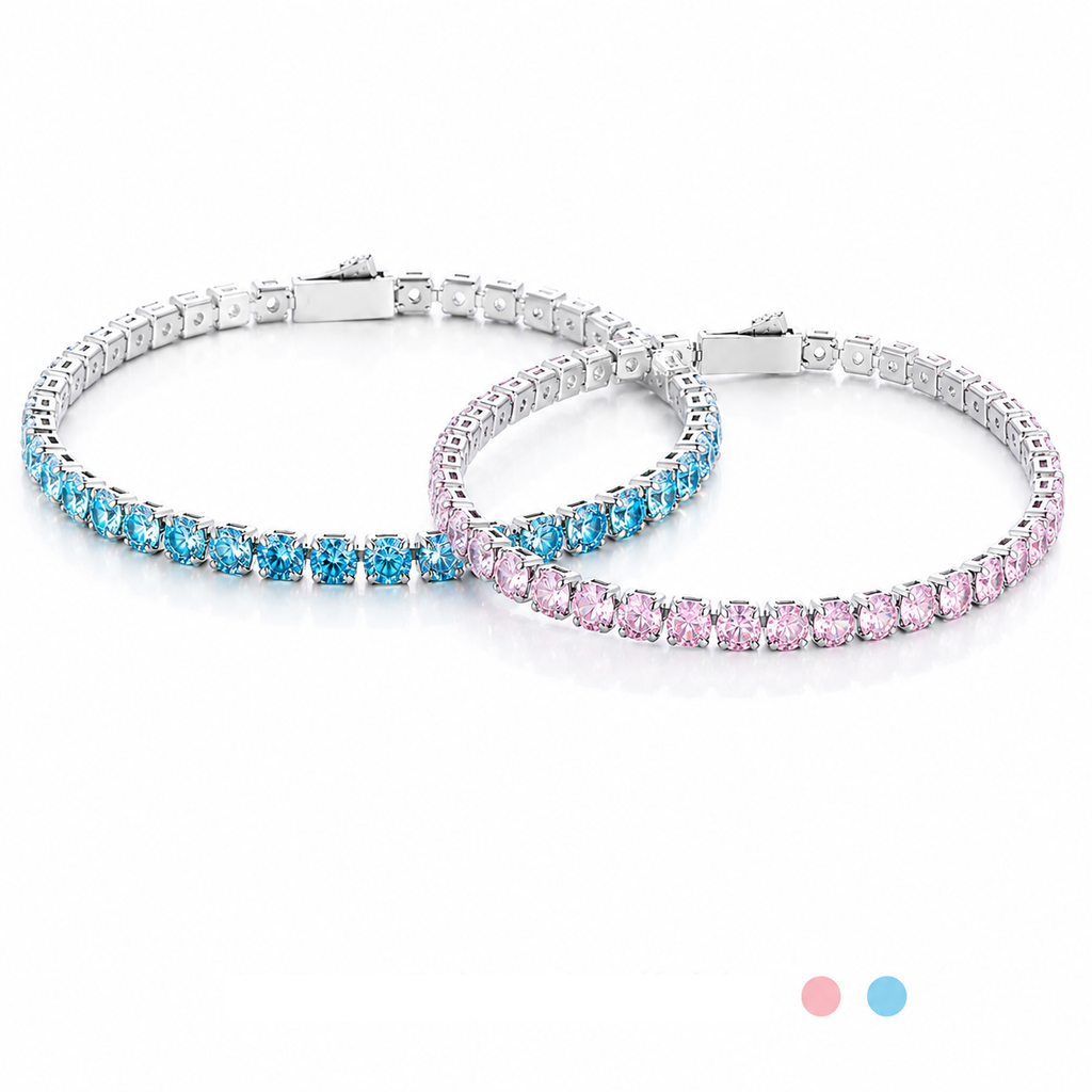 VEZZEN Gradient Iridescent CZ Tennis Bracelet for Women & Men, 4mm Titanium Steel Sparkly Bracelet, Pink/Blue Couple Jewelry Gift