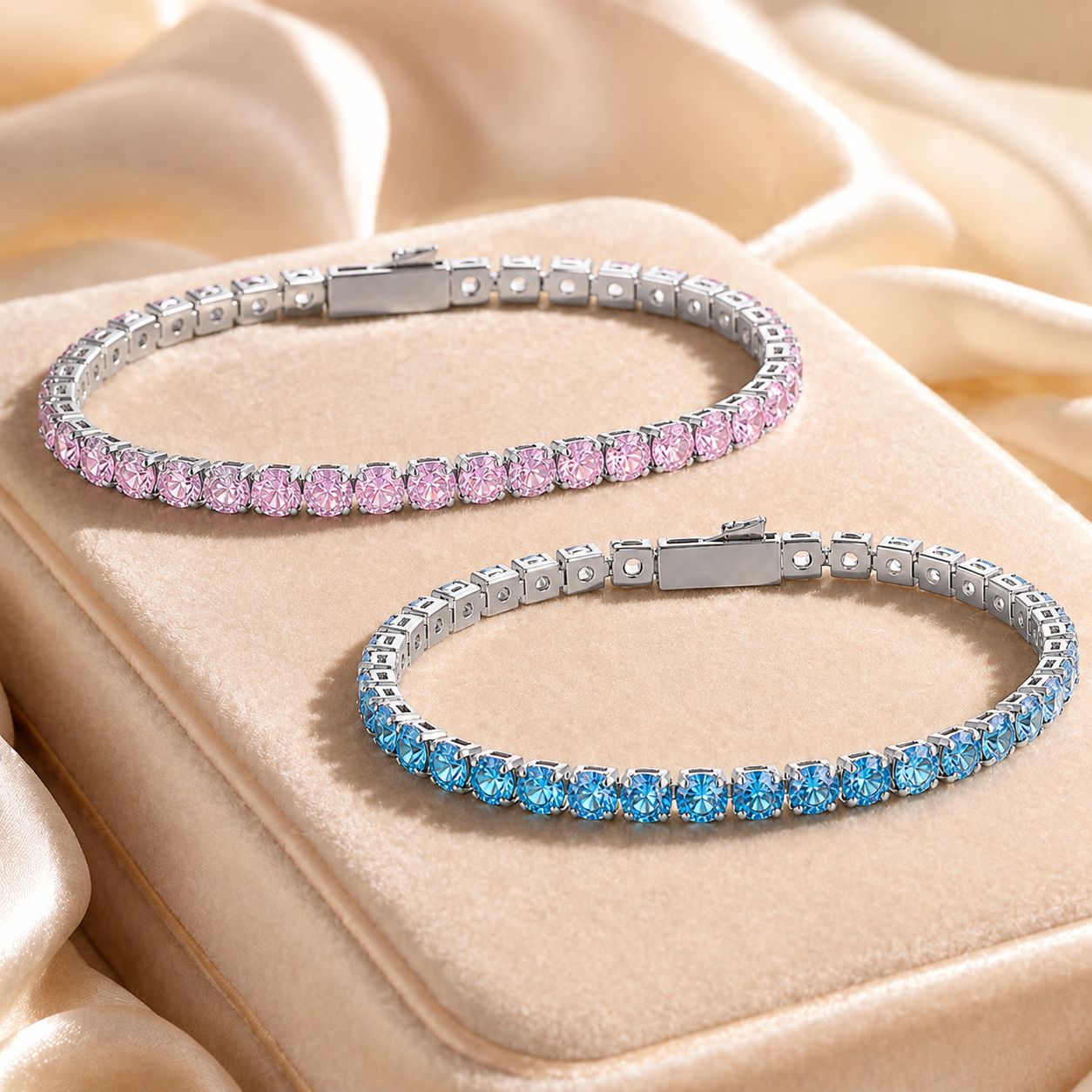 VEZZEN Gradient Iridescent CZ Tennis Bracelet for Women & Men, 4mm Titanium Steel Sparkly Bracelet, Pink/Blue Couple Jewelry Gift