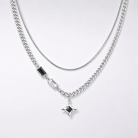 VEZZEN Black Crystal Star Pendant Titanium Steel Layered Chain Necklace